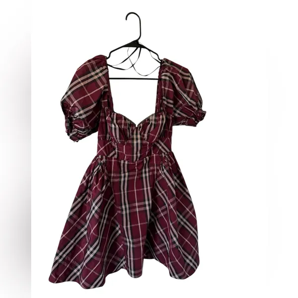 Anthropologie Maeve Red Tartan Plaid Puff Sleeve Mini Dress - Image 3