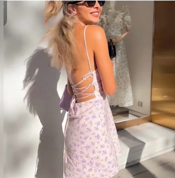 New Zara Lilac Disty Floral Open Laced Up Back - Image 4