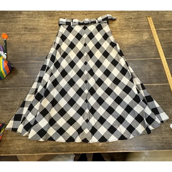 New Kate Spade New York Linen Blend Gingham Belted Skirt‎ Size 0 Black/White - Image 3