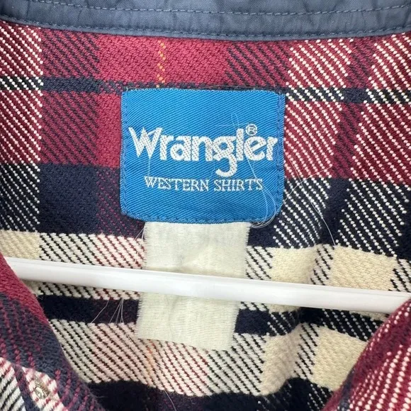 Wrangler‎ Western Mens Plaid Long Sleeve Shacket Snap Front Burgundy Blue Cream - Image 7
