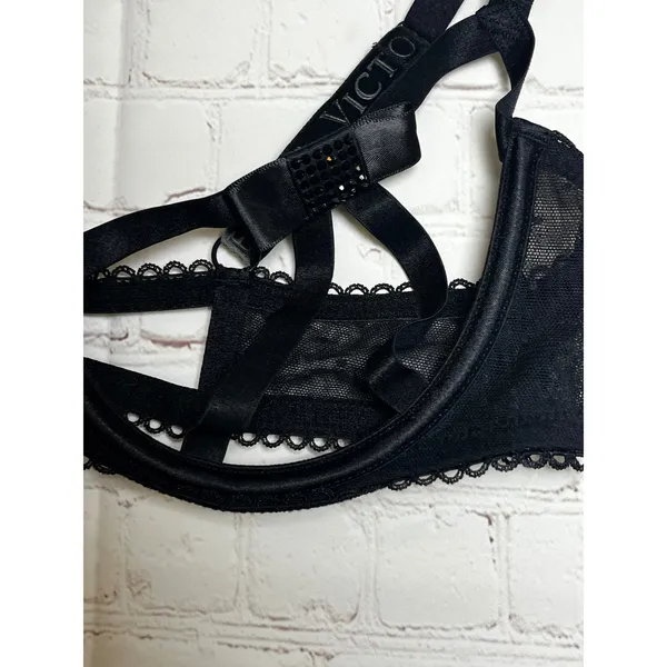 Victorias Secret Black Strappy Open Quarter Cup Bra Rhinestone‎ Bows Size Large - Image 6