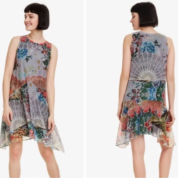 Desigual Large Lucille Tank Dress Asymmetrical Grey Colorful Flowy Spring - Image 7