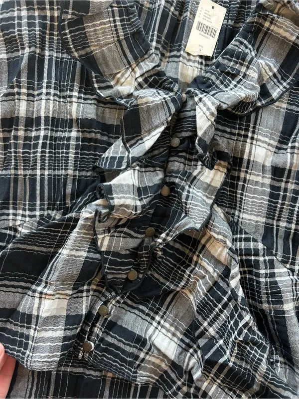 NWT Anthropologie Pilcro Plaid Ruffled Button Black Blouse S - Image 9