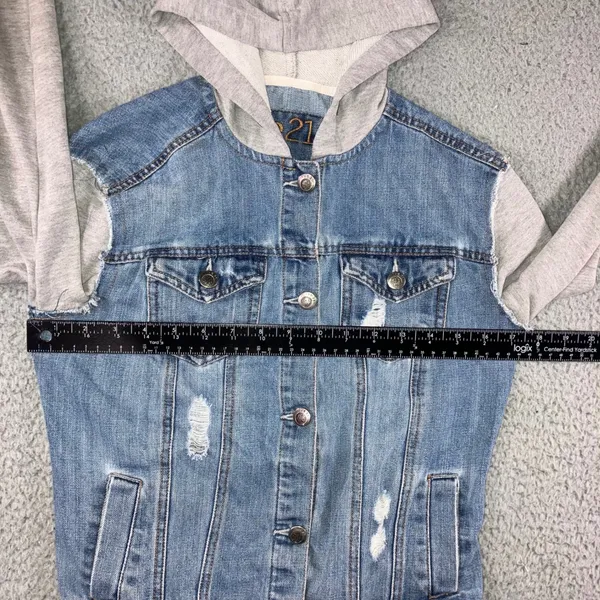 Mixed Media Denim Jacket Women S Blue Distressed Hooded Grunge Punk‎ y2k Stained - Image 5