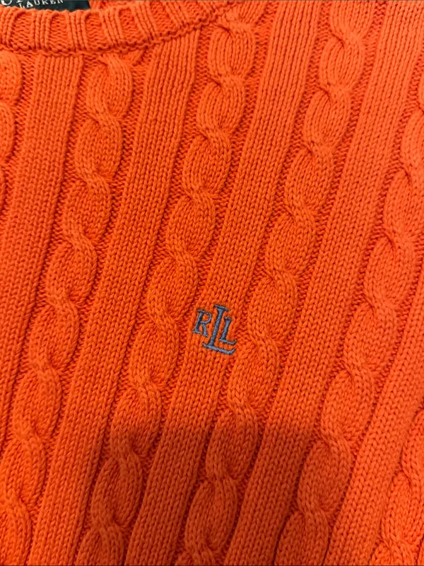 Vintage Ralph Lauren Cable Knit Sweater Orange‎ Crew Neck Size Medium Petite - Image 3