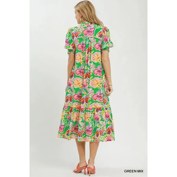 Umgee Floral Print Puff Sleeve Tiered Midi Dress -‎ Green Mix - Large - Image 4
