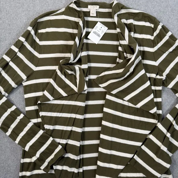 J.CREW Women's Medium Olive Green White Striped Open Drape Cardigan Cotton 68140 - Image 4