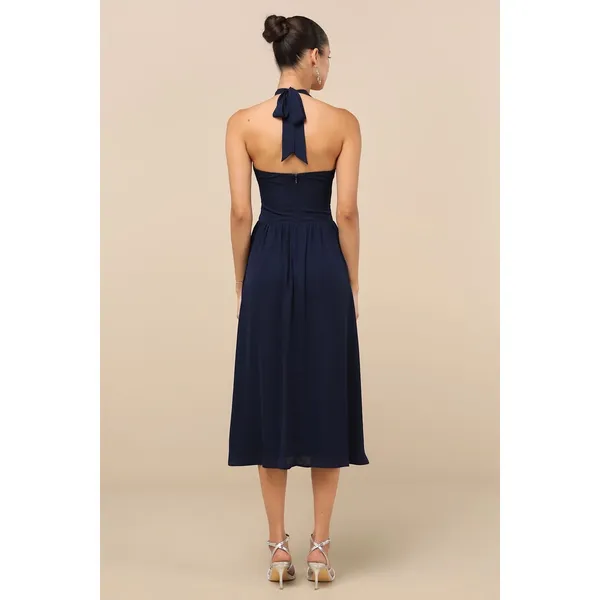 NWT Lulus Emrah Navy Cross-Front Cutout Halter Midi Dress Party Gala Banquet XS - Image 3