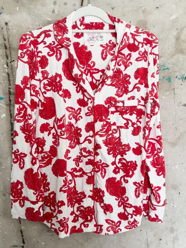 The Cat's Pajamas Chrysantheme Pima Knit Cotton Classic Pajama Set in Red - Image 4