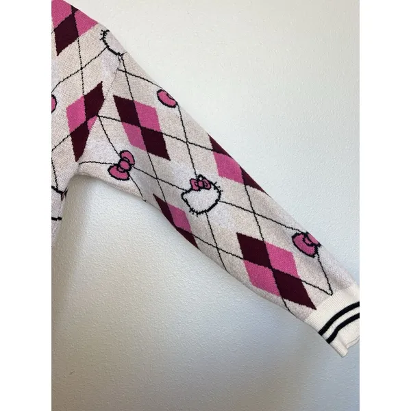 Hello Kitty Argyle Knit Cardigan Sweater Pink Burgundy Preppy Coquette Mall Y2K - Image 3