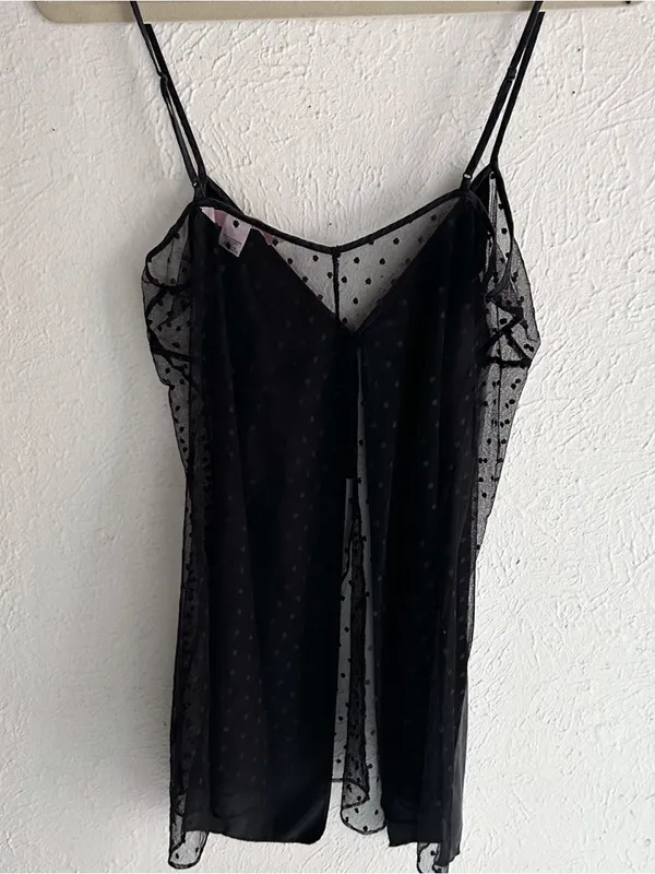 Y2K Victoria’s Secret Silk + Sheer Lace Split front Cami Top Black Large - Image 5