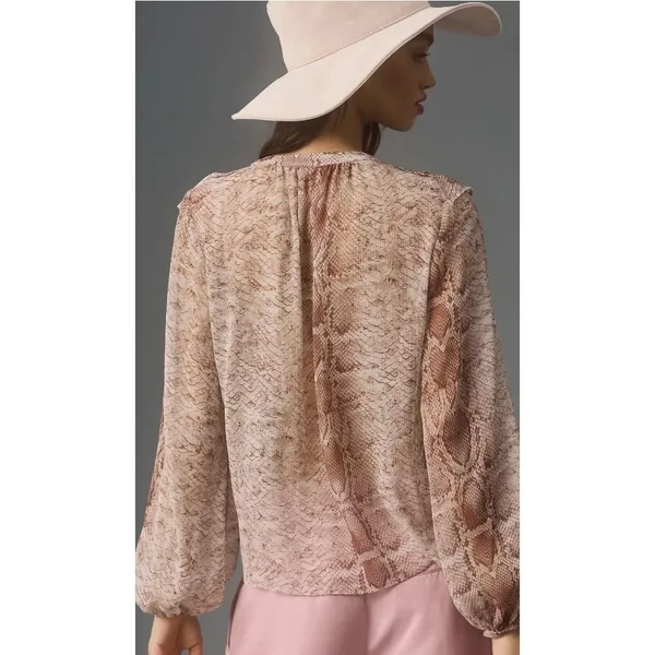 Anthropologie Snake Print Ruffled V-Neck Long Sleeve Ruffle‎ Blouse Size L - Image 2