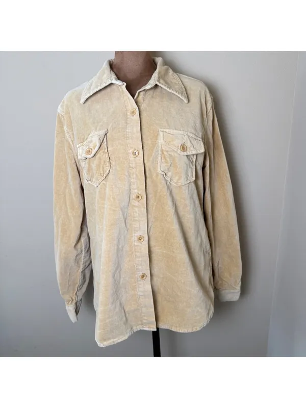 Vintage Y2K Gap Velvet Button Down Shirt Womens Large Tan Retro Top 100% Cotton - Image 2
