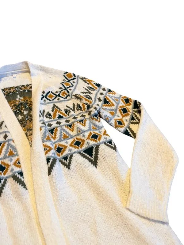 Maurices Cream Long Length Cardigan Sweater Open Front Tribal Fair Isle Medium - Image 6
