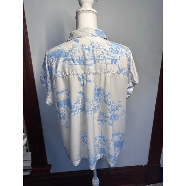 Jane + Delancey Womens Blue White Toile Scenic Button Down Shirt Large Short Slv - Image 3