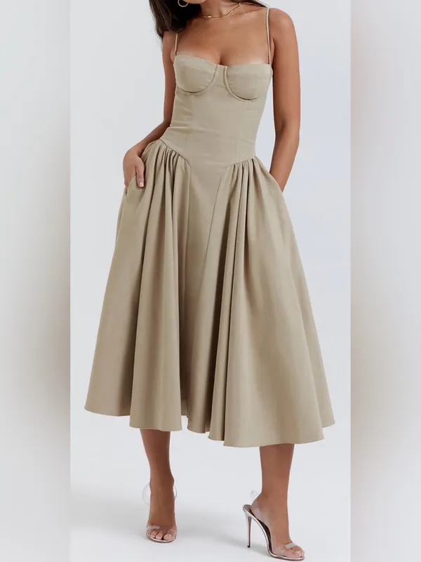 NEW House OF CB Samaria Corset Fit & Flare Midi Dress Taupe sz L - Image 3