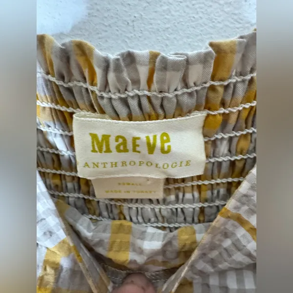 Anthropologie Maeve Plaid Square-Neck Blouse Yellow Natural‎ Motif Size XS - Image 3