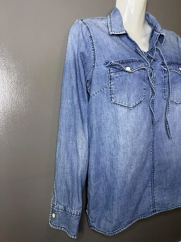 Madewell Blouse Womens XS Blue Chambray Lace Up Long Sleeve Tunic Top Denim - Image 3