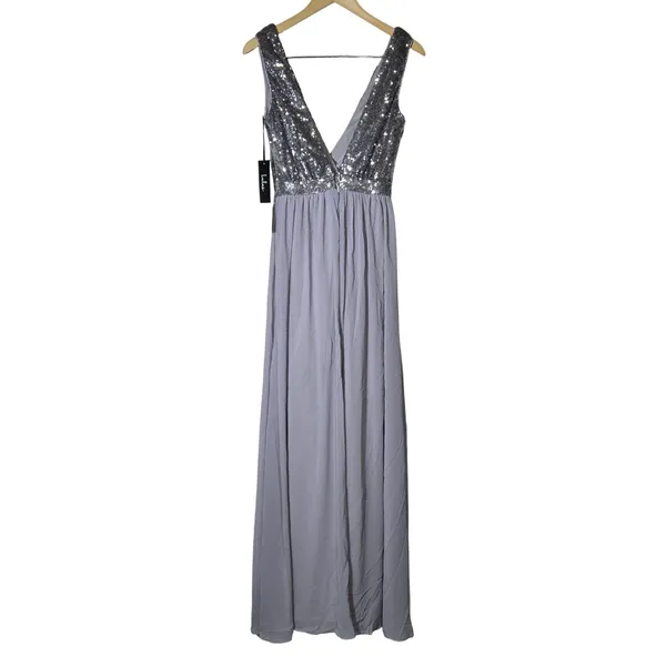 Lulus Elegant Encounter Pewter Sequin Maxi Dress Silver Grey V-Neck Gown Small - Image 4