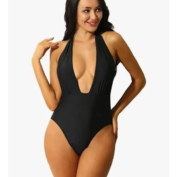 Zaful Black Plunged Neck Halter High Cut One Piece Swimsuit Size 4 - Image 2