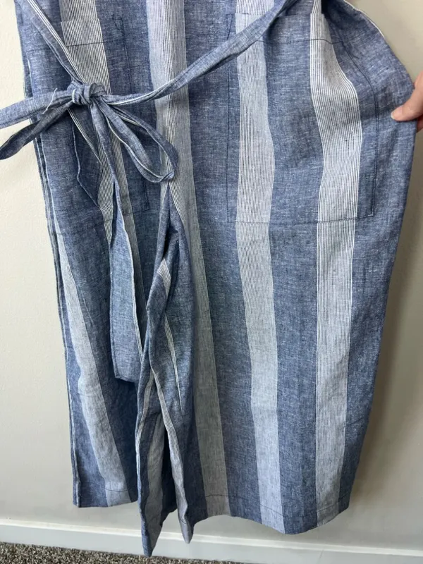 Beach Lunch Lounge Linen Blend Cropped Jumpsuit Blue Stripe Wide Leg Coastal Lg - Image 6