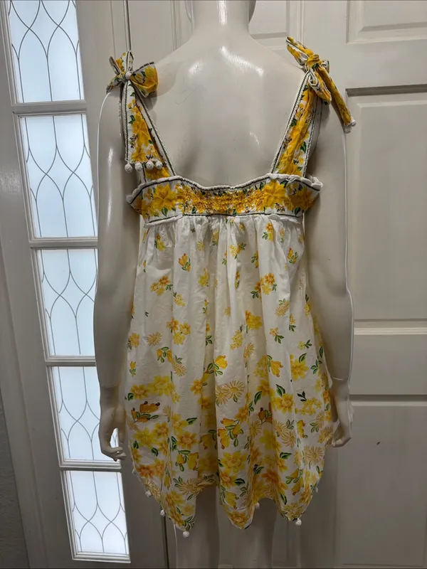 FARM Rio 100% Cotton Azaleia Yellow Floral Tie Straps Mini Dress Size Large - Image 11