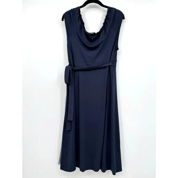 COTE FEMME Navy Blue Wrap Midi Dress Sz 14/16 V-Neck Sheer Trim Preppy Feminine - Image 2