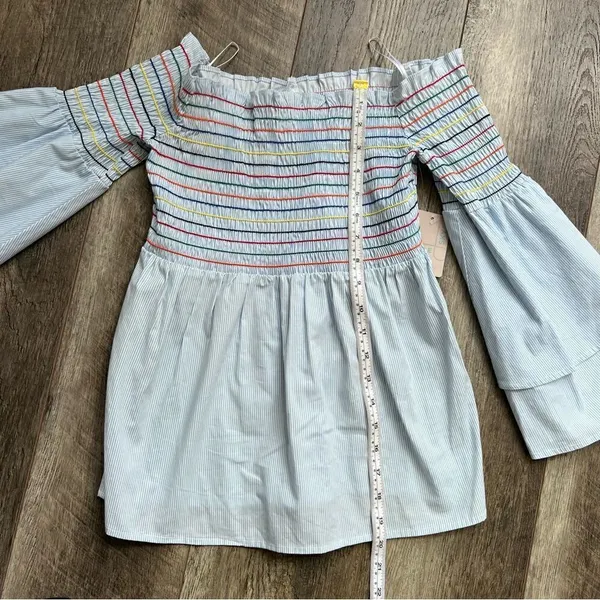 Belle + Sky Blue Off the Shoulder Peplum Top NWT Delight Blue Strip Size Small - Image 6