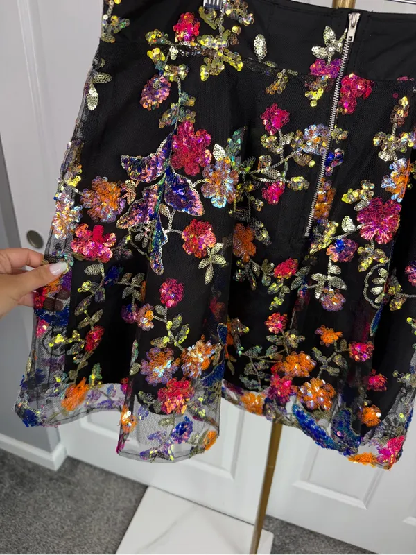 Impressions 1X Black Multicolor Floral Sequin Fit & Flare Mini Skirt NWOT - Image 12