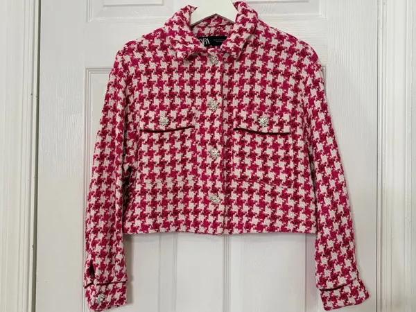 Zara XS Pink White Houndstooth Cropped Tweed Jacket Rhinestone Buttons Preppy Chic - Image 2