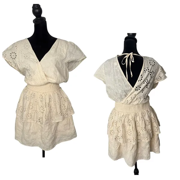 AE Cottagecore BOHO Eyelet Lace Ruffle Tiered Smocked Wrap Mini‎ Dress Size M - Image 2