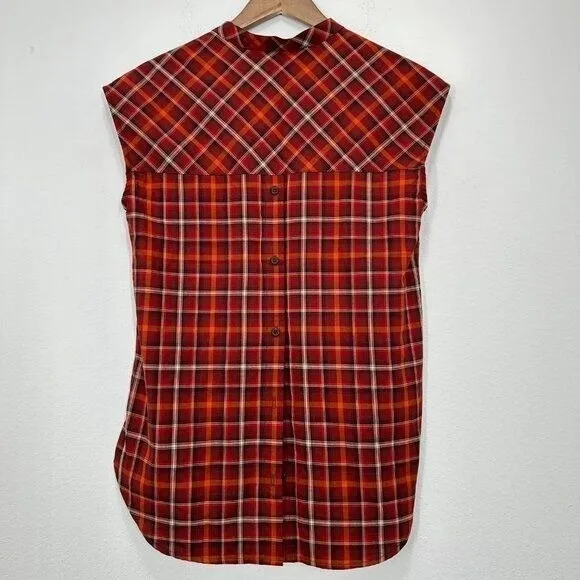 Pendleton Western Blouse Size M Orange Brown Plaid‎ Capsleeve Tunic Button Back - Image 2