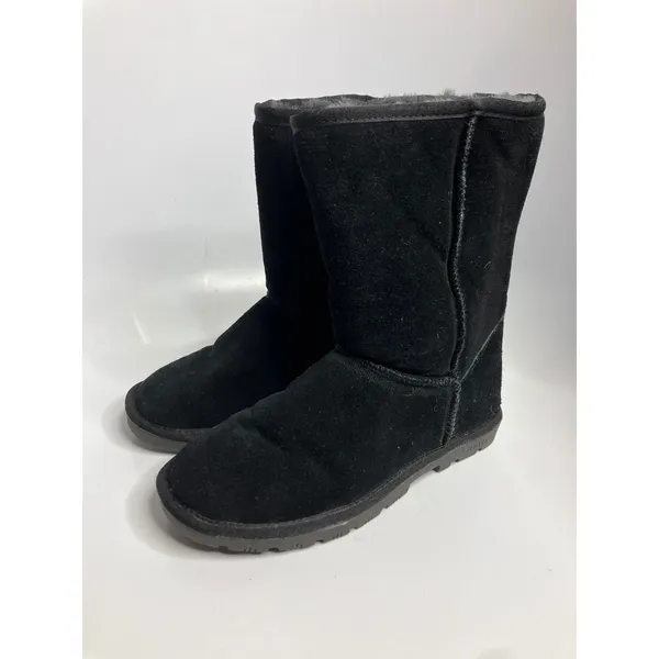 Lamo Suede Mid Calf Boots Womens 7 Black Excellent Faux Fur Lined Pull On - Image 3