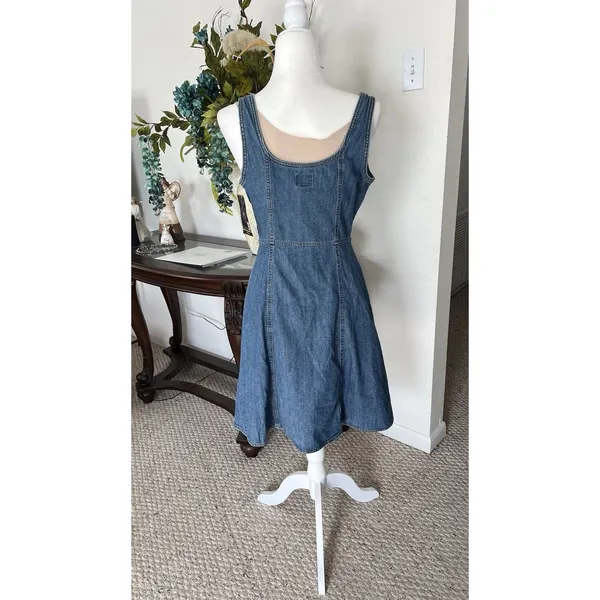 Lee Women’s Blue Denim Button Front Sleeveless Square Neck A-Line Dress Size S - Image 4