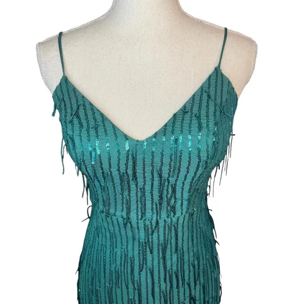 City studio green sequin gown formal prom emerald gala sleeveless fringe - Image 3