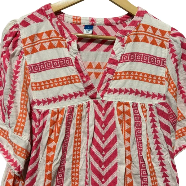 Old Navy Womens Babydoll Top L Pink Orange Aztec Geometric Boho Cottagecore‎ - Image 3