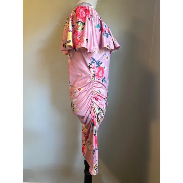 Pink Floral Off Shoulder Ruffle Ruched Bodycon Dress M boho Y2K whimsi dainty re - Image 3