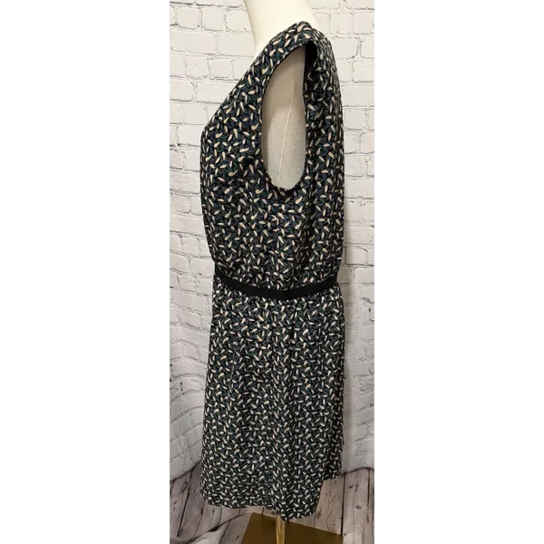 LOFT Black/green/cream Leaf Floral Print Grosgrain Waist Dress Size Large - Image 3