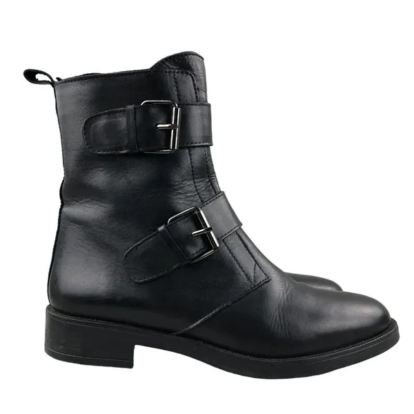 Emanuele Crasto Italian Leather Moto Boots Black doble Buckle Zip Womens 41 / 11 - Image 2