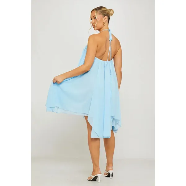 Light Blue Chiffon Halter Flutter Babydoll Asymmetric Mini Dress S - Image 3