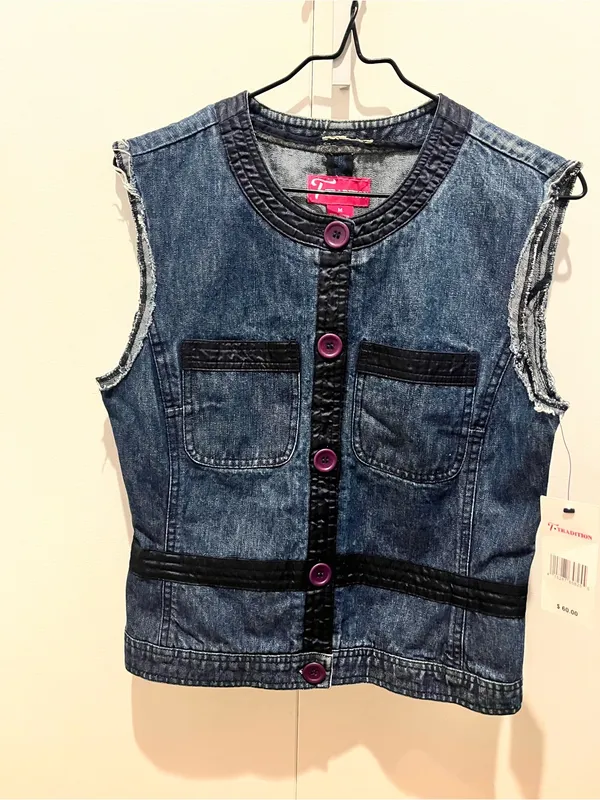 Tradition Dark Blue Denim Sleeveless Vest with Purple Buttons new with tag - Image 2
