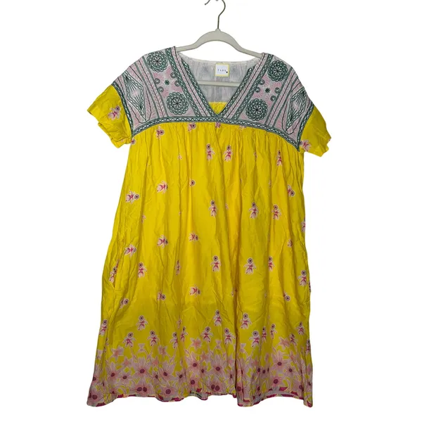 FLOE Yellow Embroidered Boho Dress Medium Festival Sundress Cotton Floral - Image 2