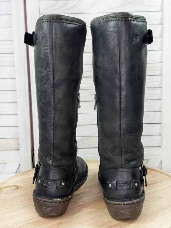 Ugg‎ Tupelo Leather Riding Moto Boots Black 7 Sherpa Lined Buckle Flat 1003335 - Image 5