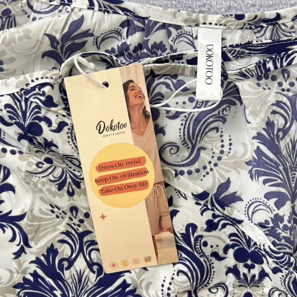 Dokotoo Boho Blue White Damask Paisley‎ Spaghetti Strap Tiered Maxi Dress XL NWT - Image 6