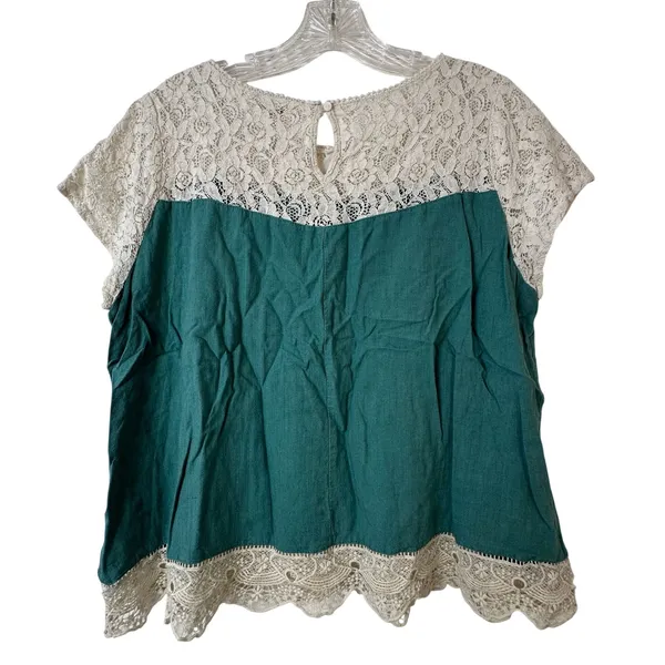 Umgee USA Teal Linen‎ Blend Lace Trim Boho Top Short Sleeve Keyhole Back Large - Image 2