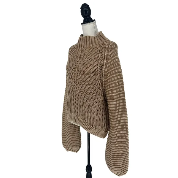 Free People‎ Sweetheart Chunky Knit Mockneck Sweater Sandcastle L - Image 4