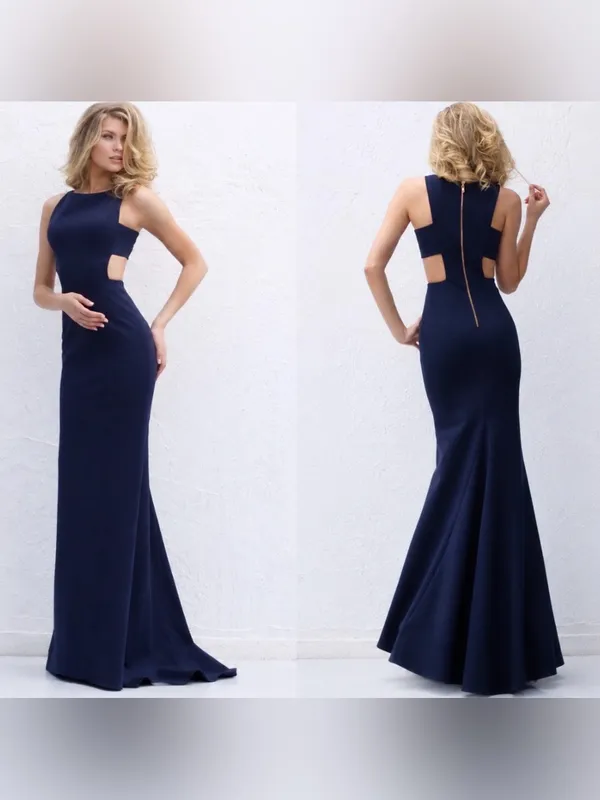 Sherri Hill Navy Blue Cut Out Sides Dress Train Style 50741 Sz 2 Prom Homecoming - Image 2