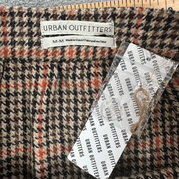 Urban Outfitters Plaid Wrap Mini Skirt Size Medium Brown/Orange Fringe Button - Image 6