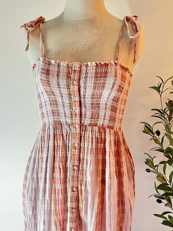 Aerie Plaid textured Pink and orange Button-Front Sundress - Image 2