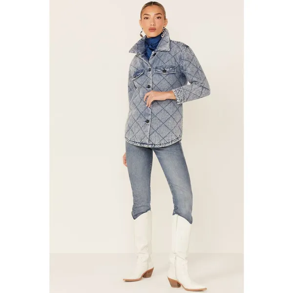 Vigoss Womens Cotton Denim Jacket L Blue Quilted Acid‎ Wash Shacket Western Boho - Image 2